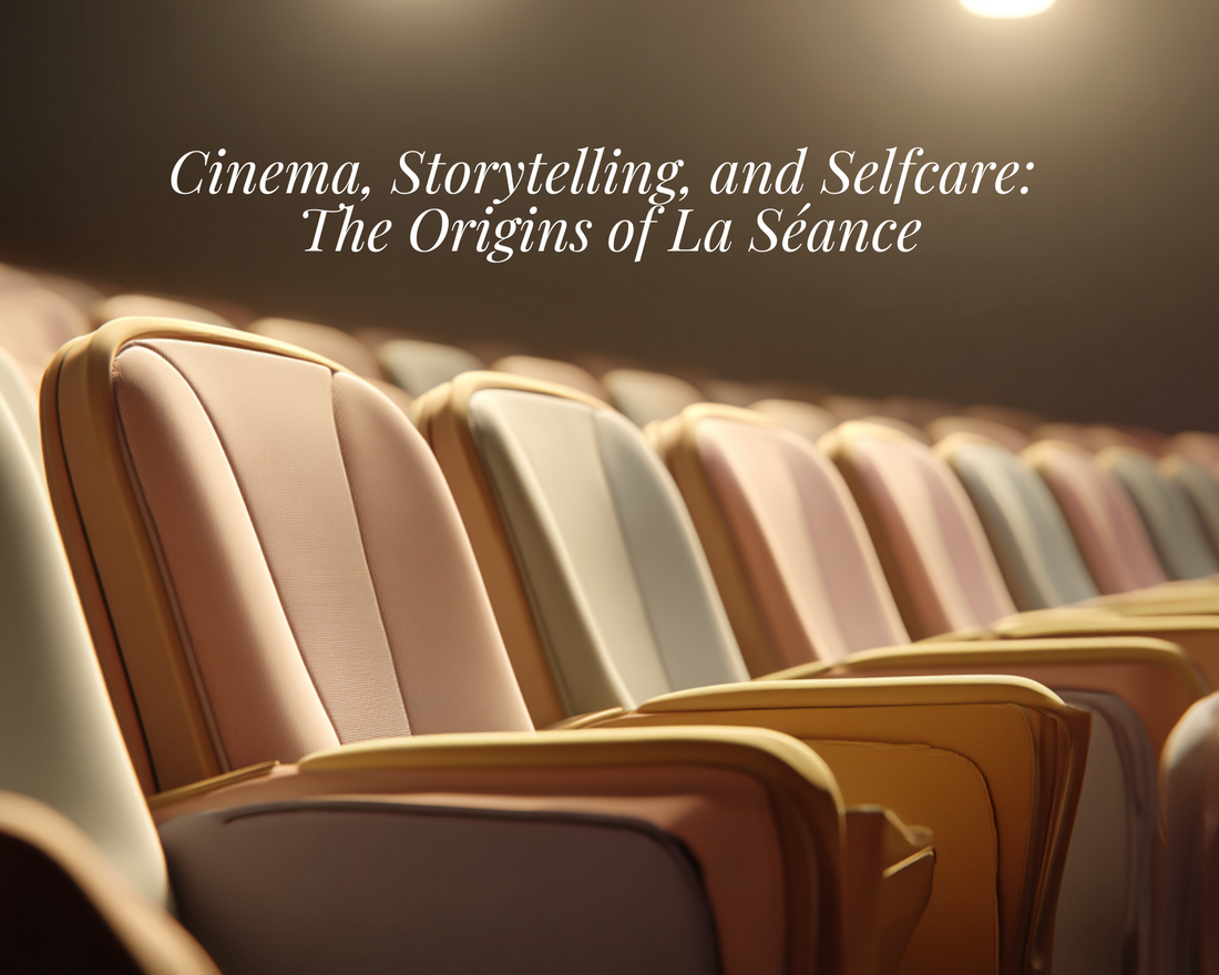 Interior of a cinema with soft pastel seats and gentle light — symbolizing the poetic link between cinema, storytelling, and selfcare in La Séance’s origins.