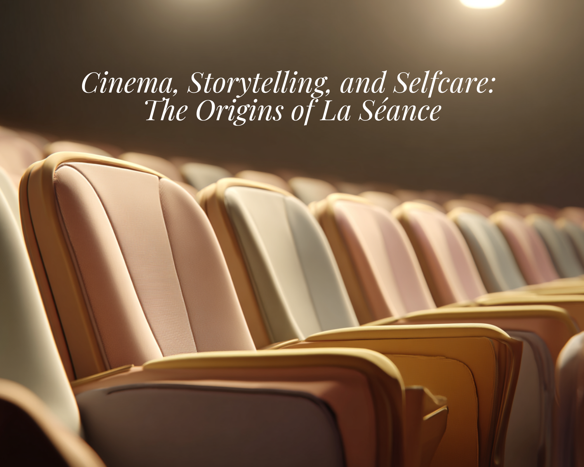 Interior of a cinema with soft pastel seats and gentle light — symbolizing the poetic link between cinema, storytelling, and selfcare in La Séance’s origins.