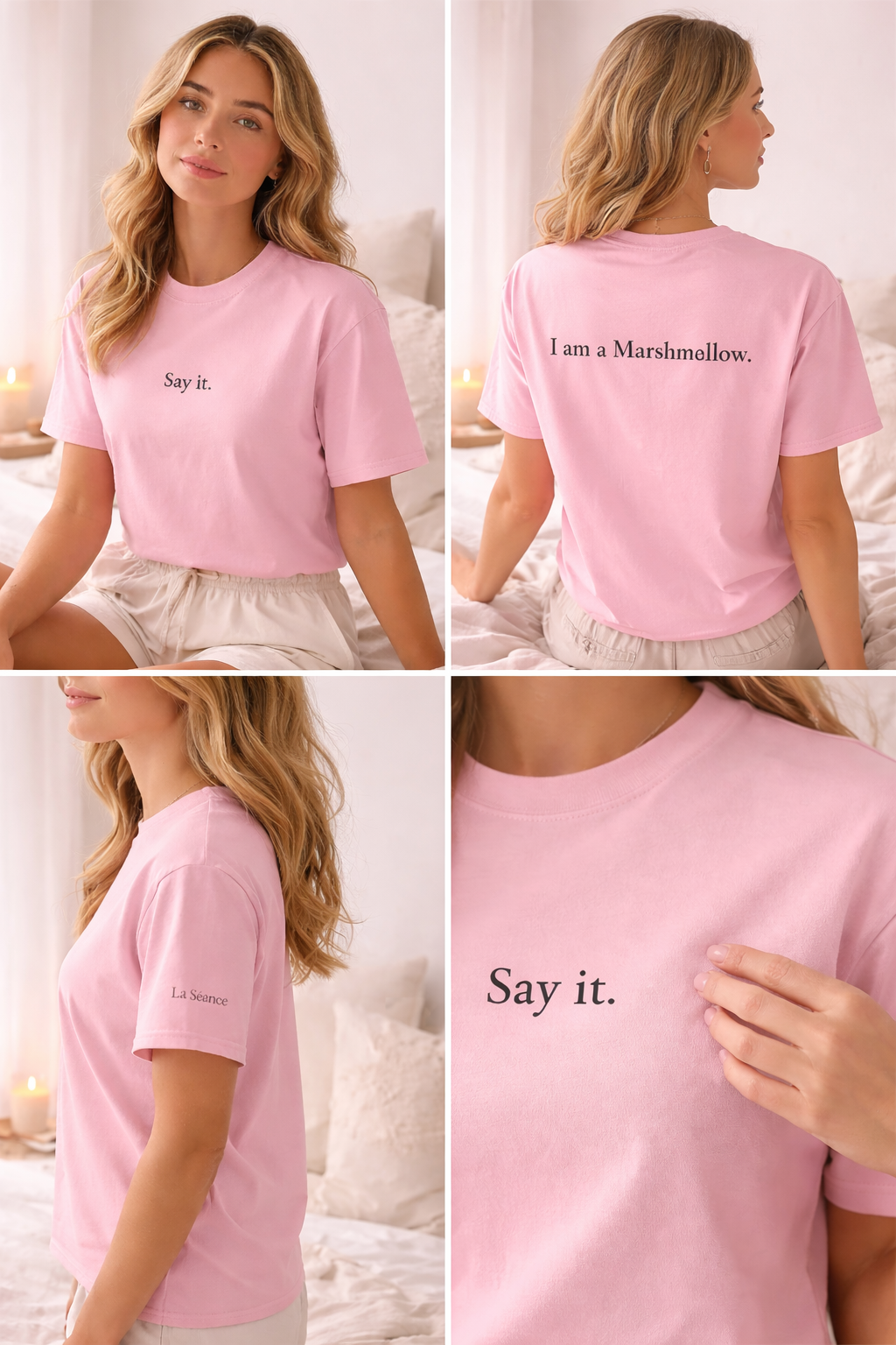 Collage of a woman wearing a pink t-shirt with text on it, shown from different angles.