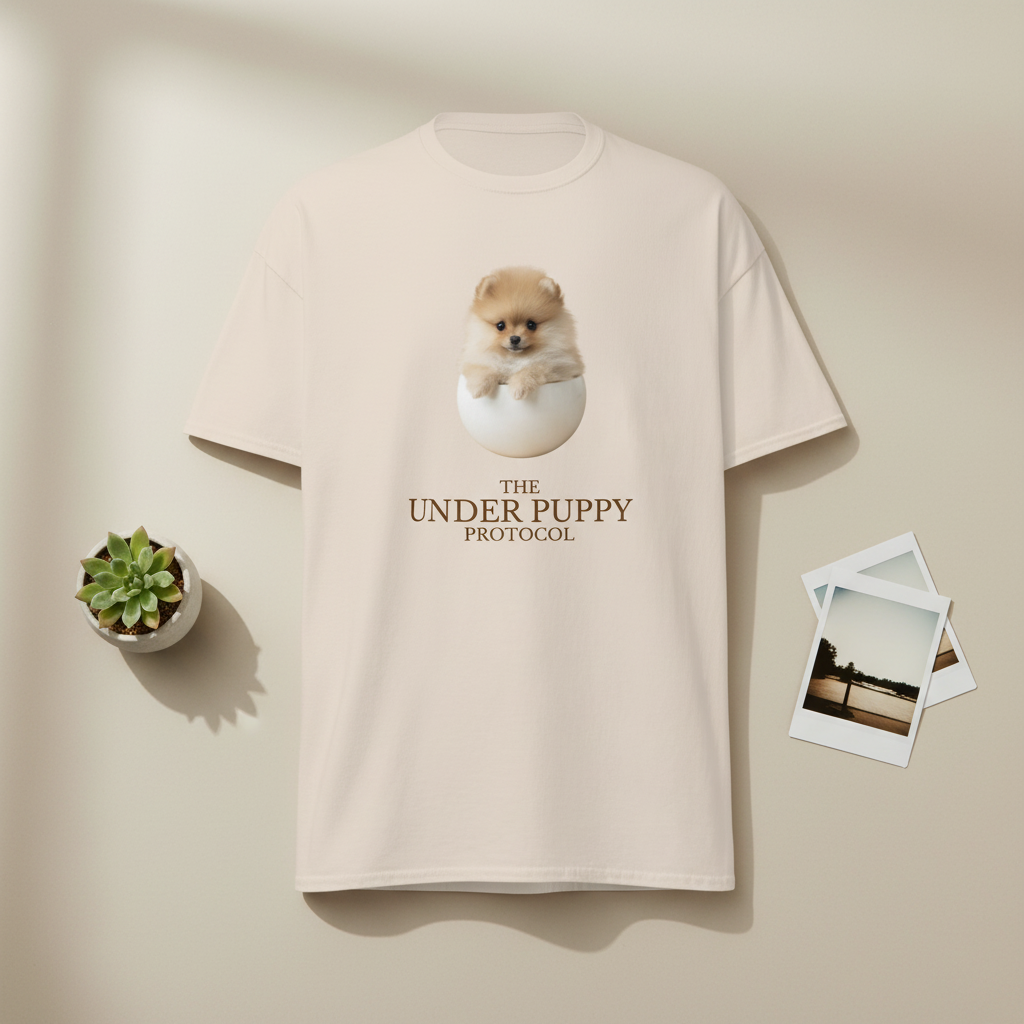 Flat lay of The Under Puppy Protocol™ Tee in natural cotton — La Séance Selfcare