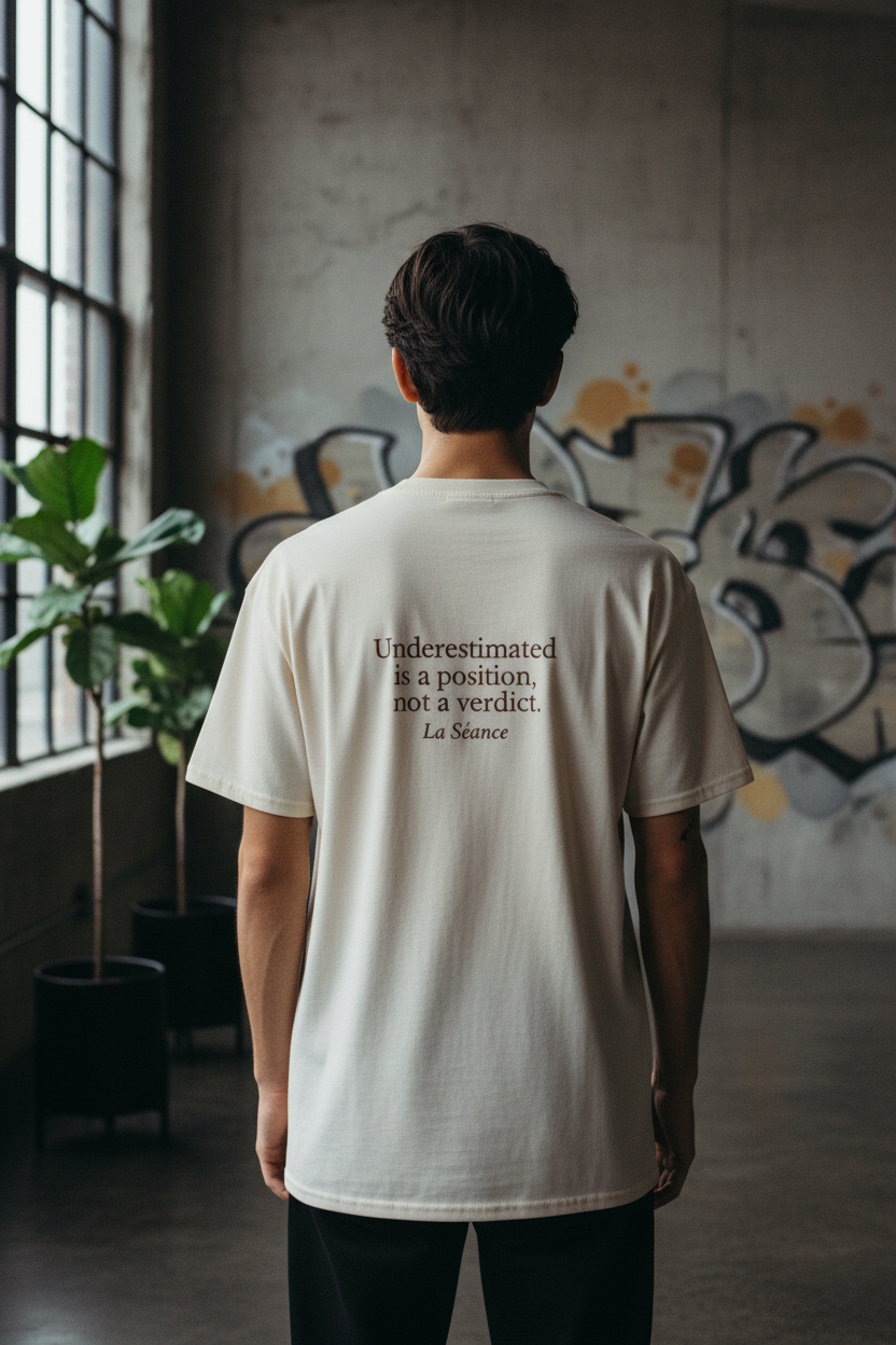 Back of The Under Puppy Protocol™ Tee showing full quote: Underestimated is a position, not a verdict — urban lifestyle setting — La Séance Selfcare