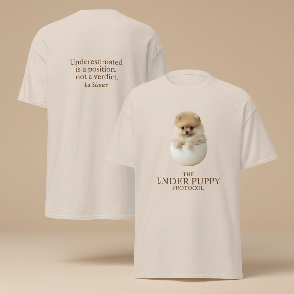 Front and back of The Under Puppy Protocol™ Tee on a premium studio backdrop — La Séance Selfcare