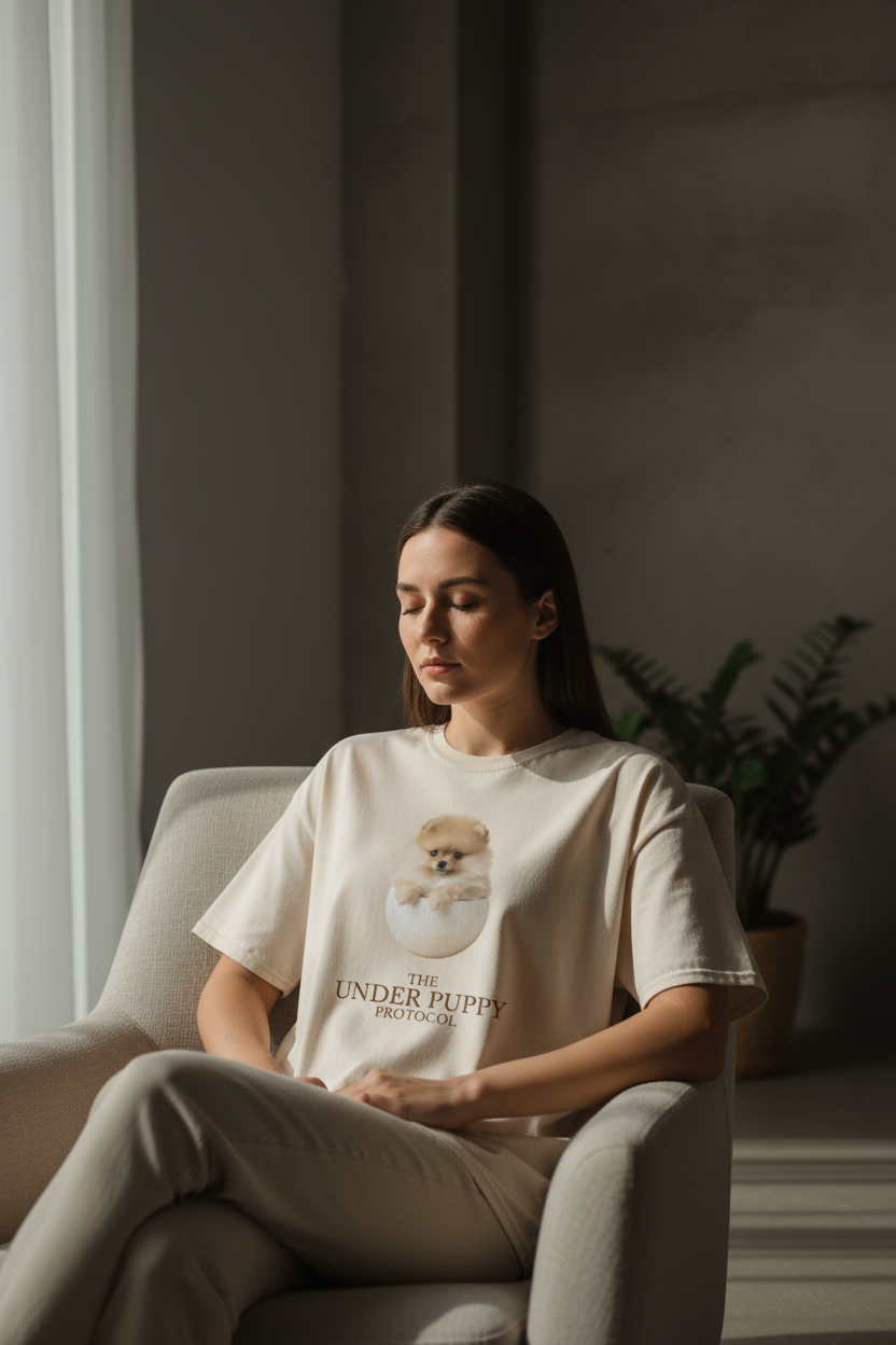 Person wearing The Under Puppy Protocol™ Tee in a cinematic indoor setting — La Séance Selfcare